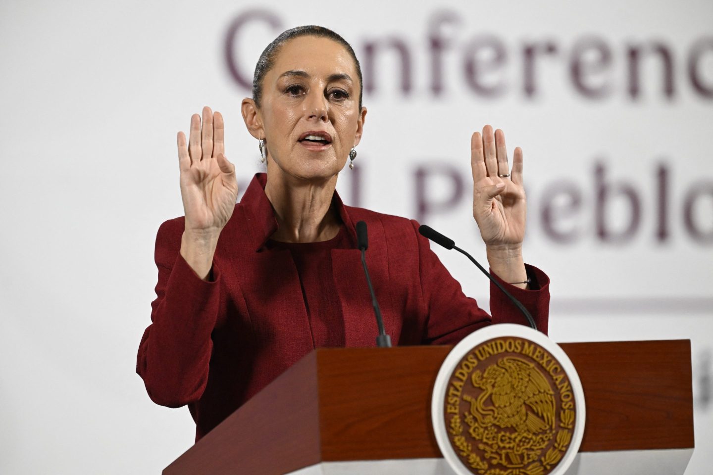 Mexico's President Claudia Sheinbaum gestures as she delivers her daily press conference at Palacio Nacional in Mexico City on April 2, 2025.
