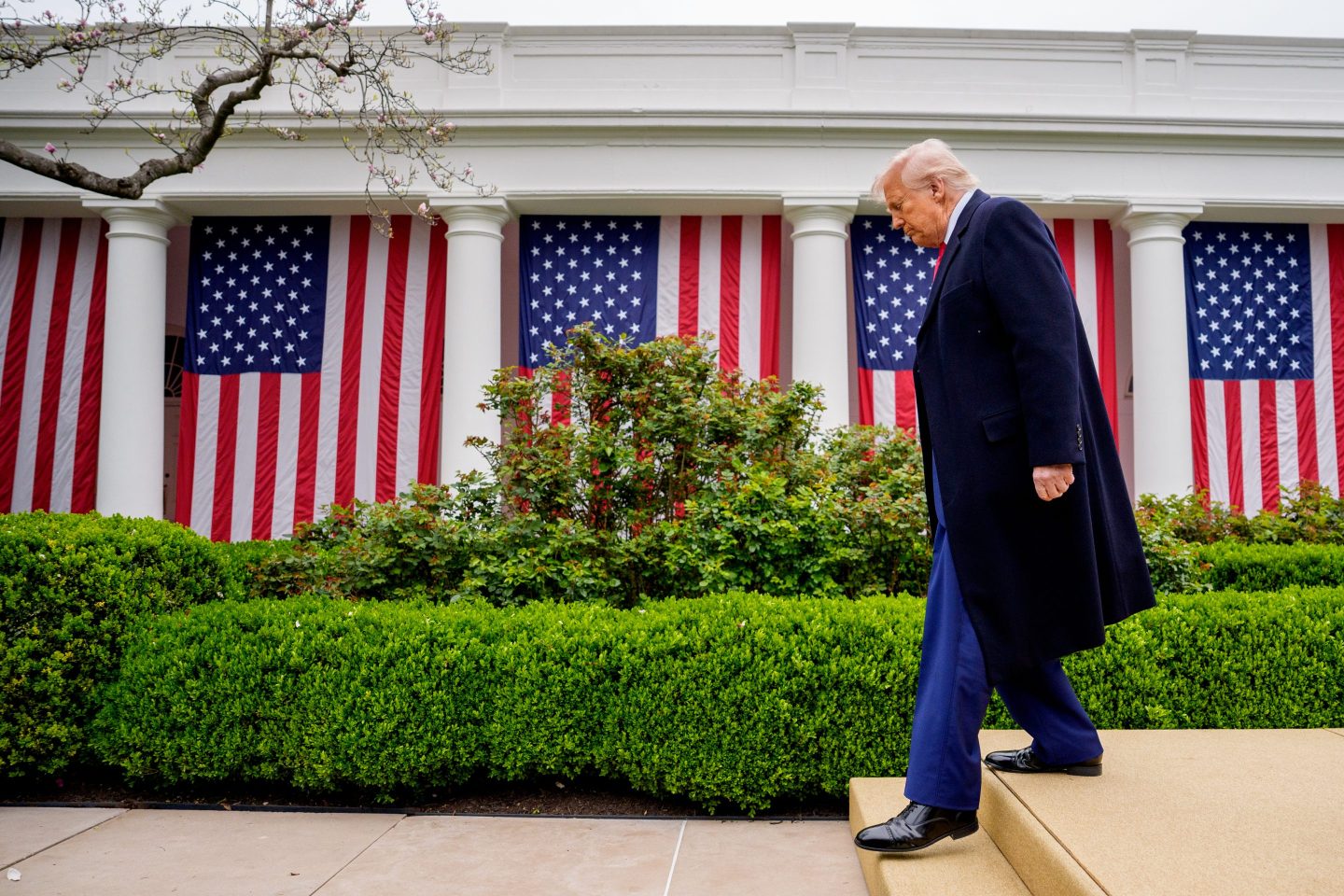 U.S. President Donald Trump departs after signing executive orders imposing tariffs on imported goods during a "Make America Wealthy Again" trade announcement event