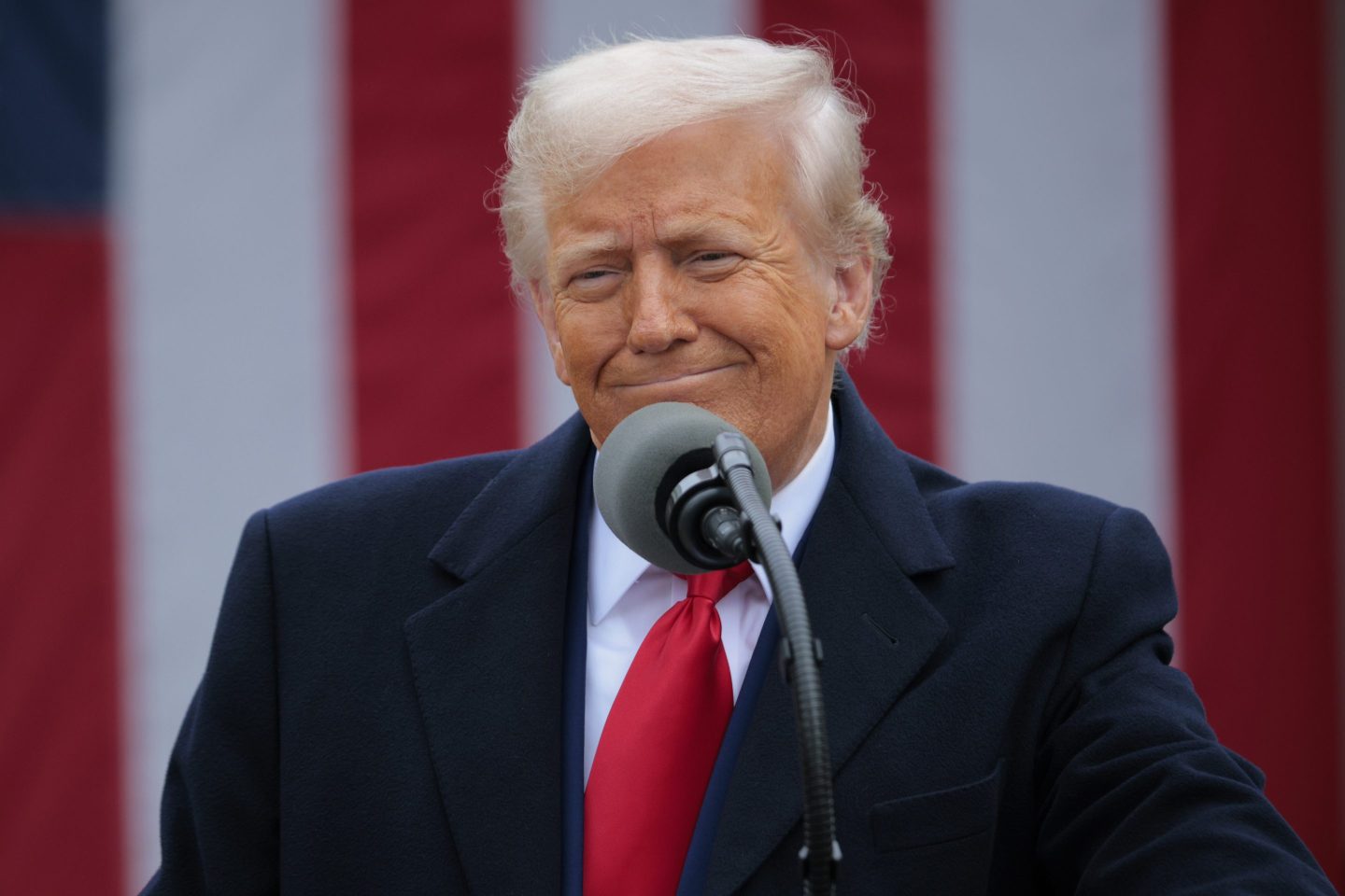 U.S. President Donald Trump arrives to speak during a “Make America Wealthy Again” trade announcement event.
