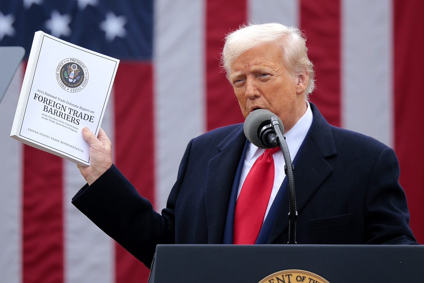 President Donald Trump holds up a copy of a 2025 National Trade Estimate Report