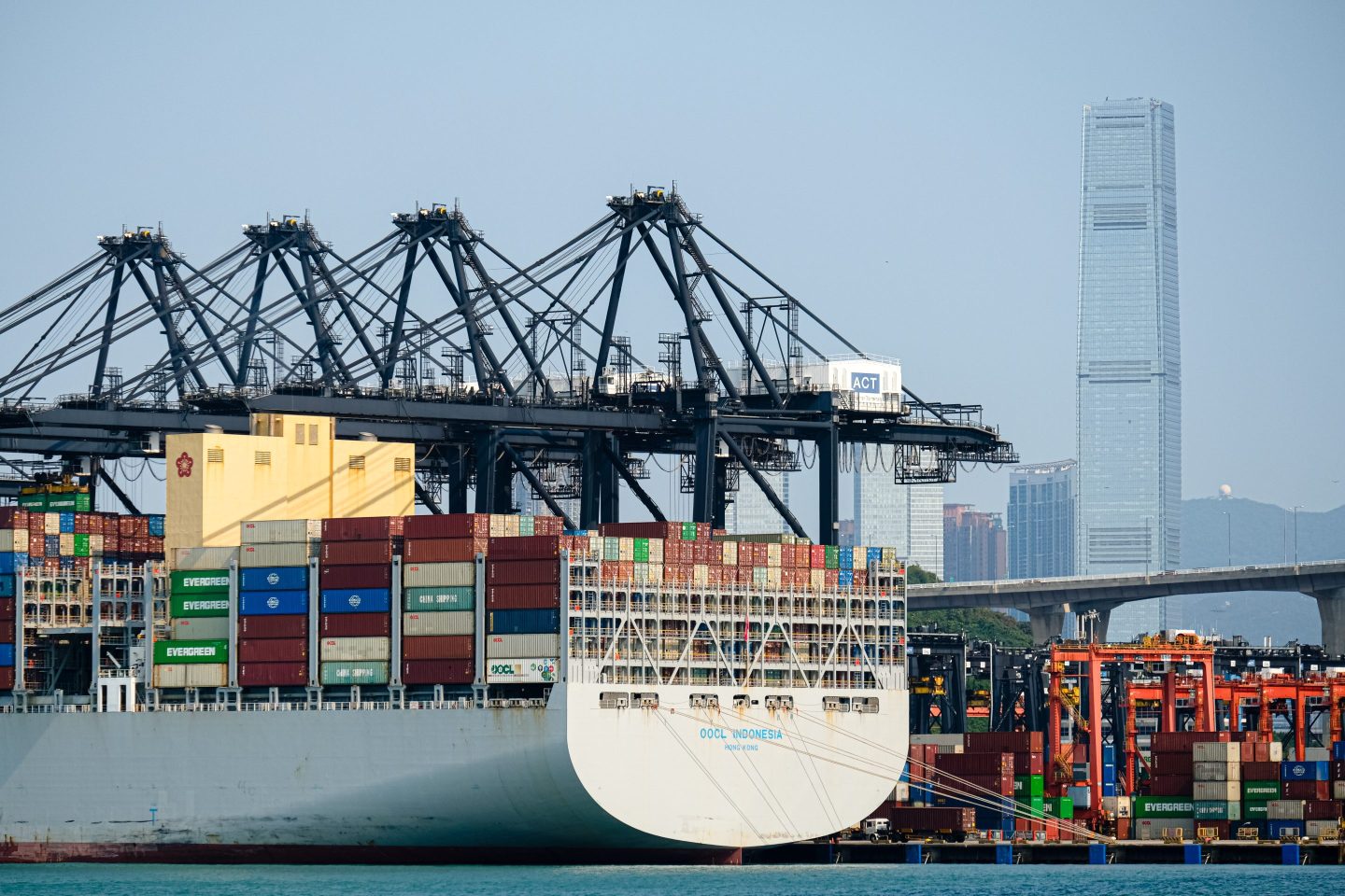 A cargo ship loaded with containers docks at Hong Kong International terminal on April 7, 2025.