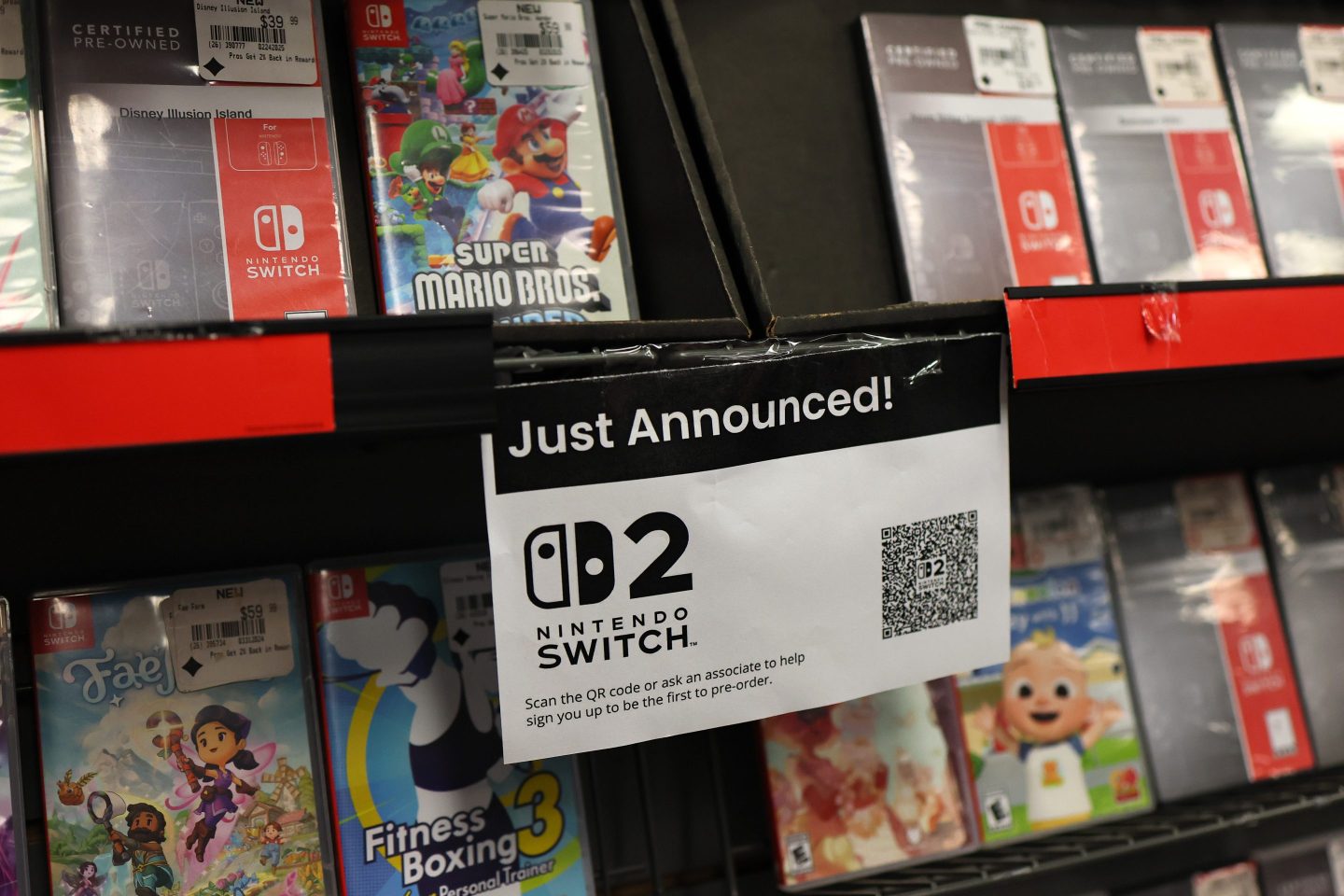 An announcement for the Nintendo Switch 2 is displayed at a Gamestop store in Union Square on April 4, 2025 in New York City.