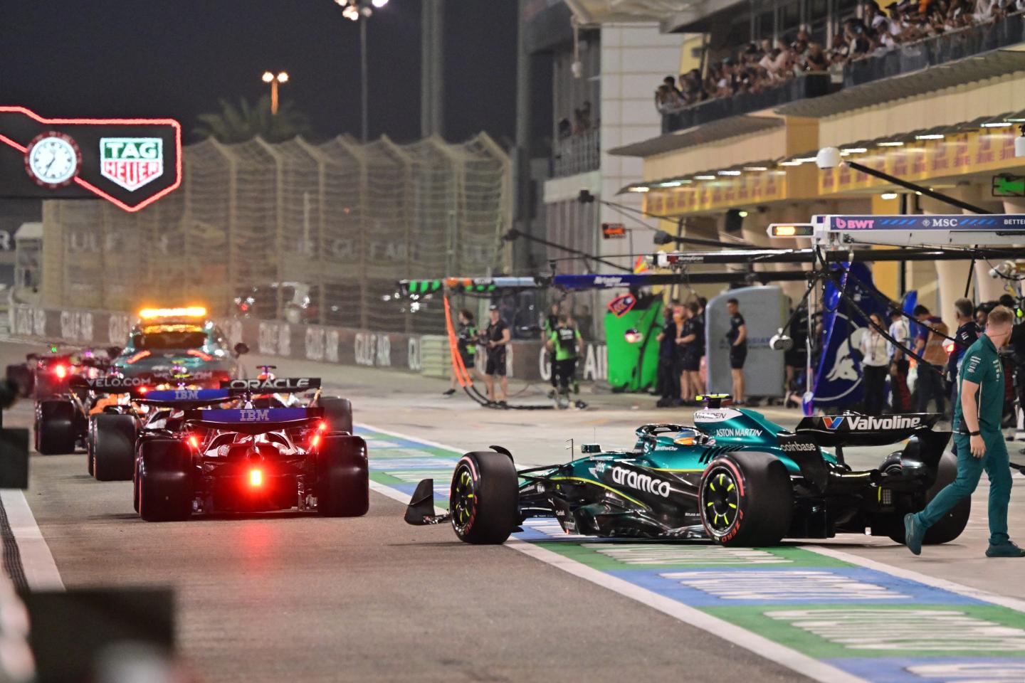 Drivers line up to start a qualifying session prior to the Bahrain Formula One Grand Prix