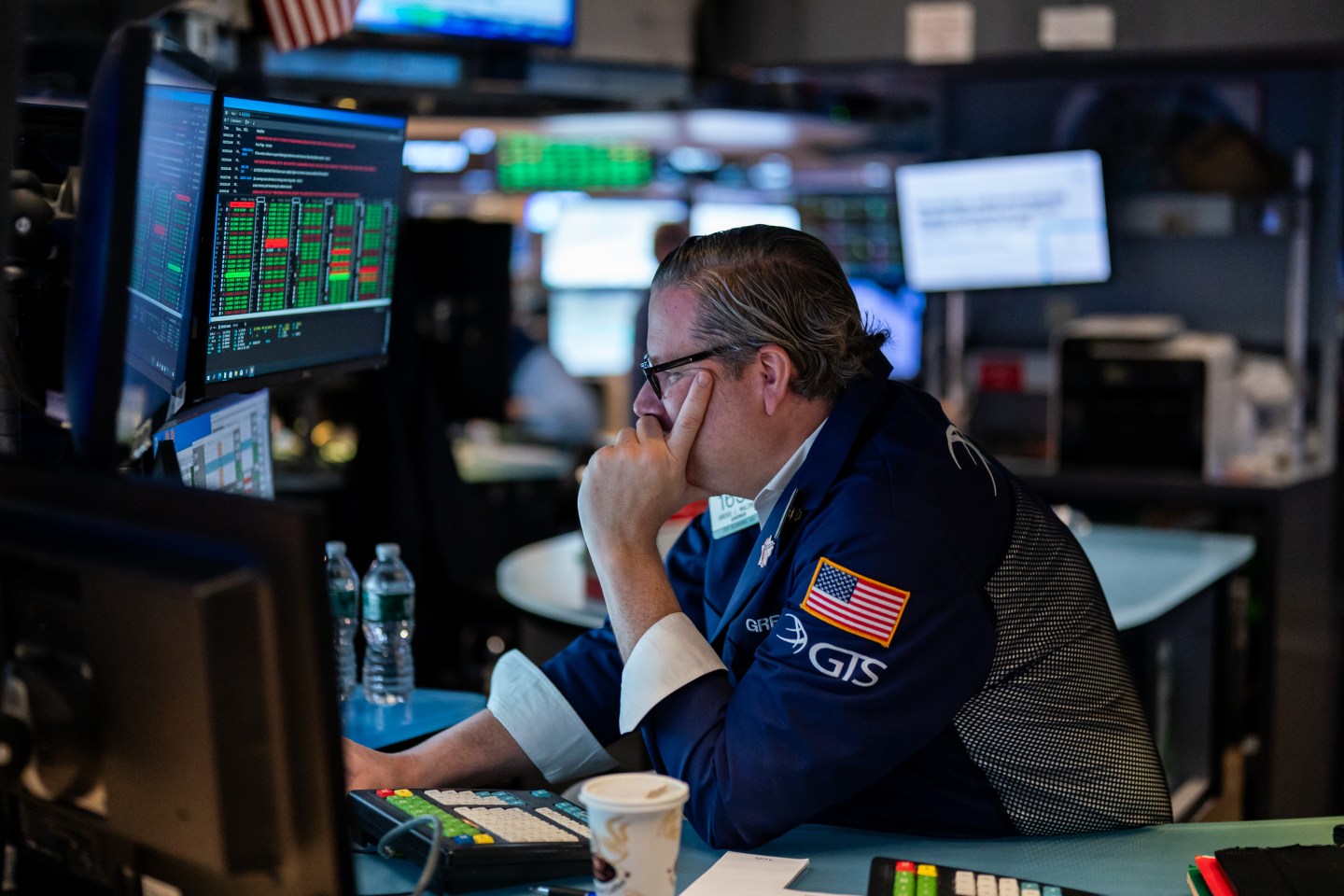Traders work on the floor of the New York Stock Exchange during morning trading on April 15, 2025 (Photo by Adam Gray/Getty Images)