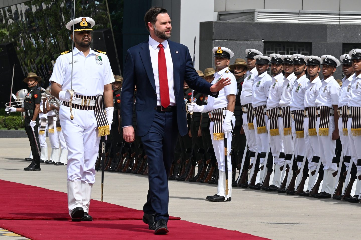 U.S. Vice President JD Vance reviews troops in New Delhi on April 21, 2025. Vance will hold talks with Prime Minister Narendra Modi as India attempts to boosts ties with the Trump administration and avoid steep U.S. tariffs.