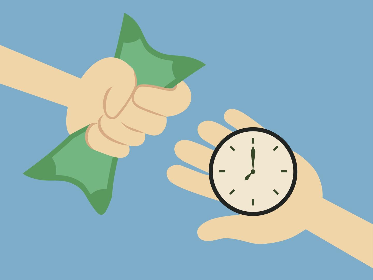 An illustration of two hands trading money for time.