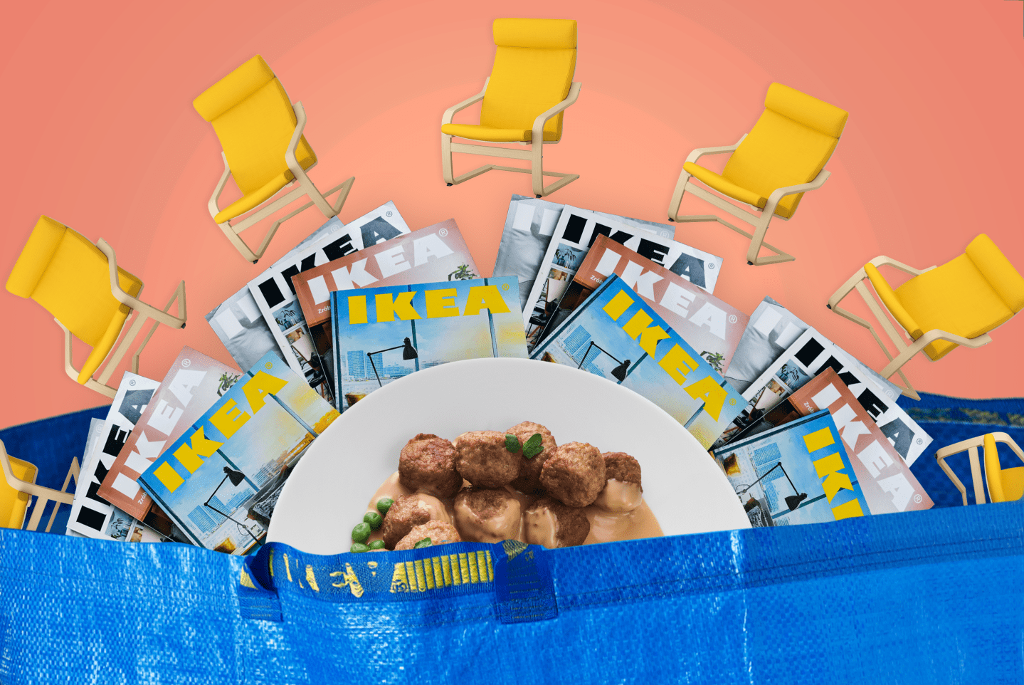 various iconic items from Ikea come out of the famous blue bag
