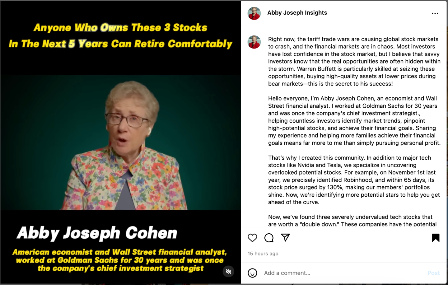 Photo: A screengrab of an AI deepfake video of Abby Joseph Cohen, from Instagram.