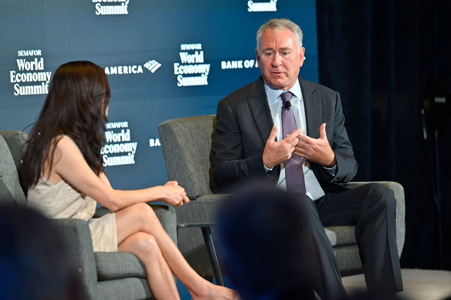 Gina Chon, senior editor of Semafor, and Ken Griffin, founder and CEO of Citadel, speak onstage during the Semafor 2025 World Economy Summit in Washington, D.C., on April 23.