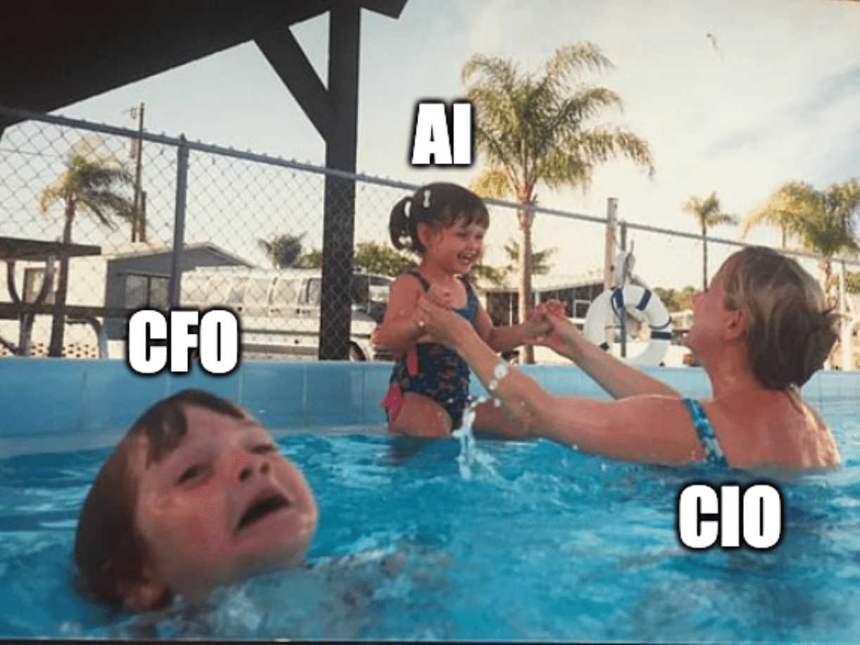 A meme depicting a CIO embracing AI and leaving a CFO to drown