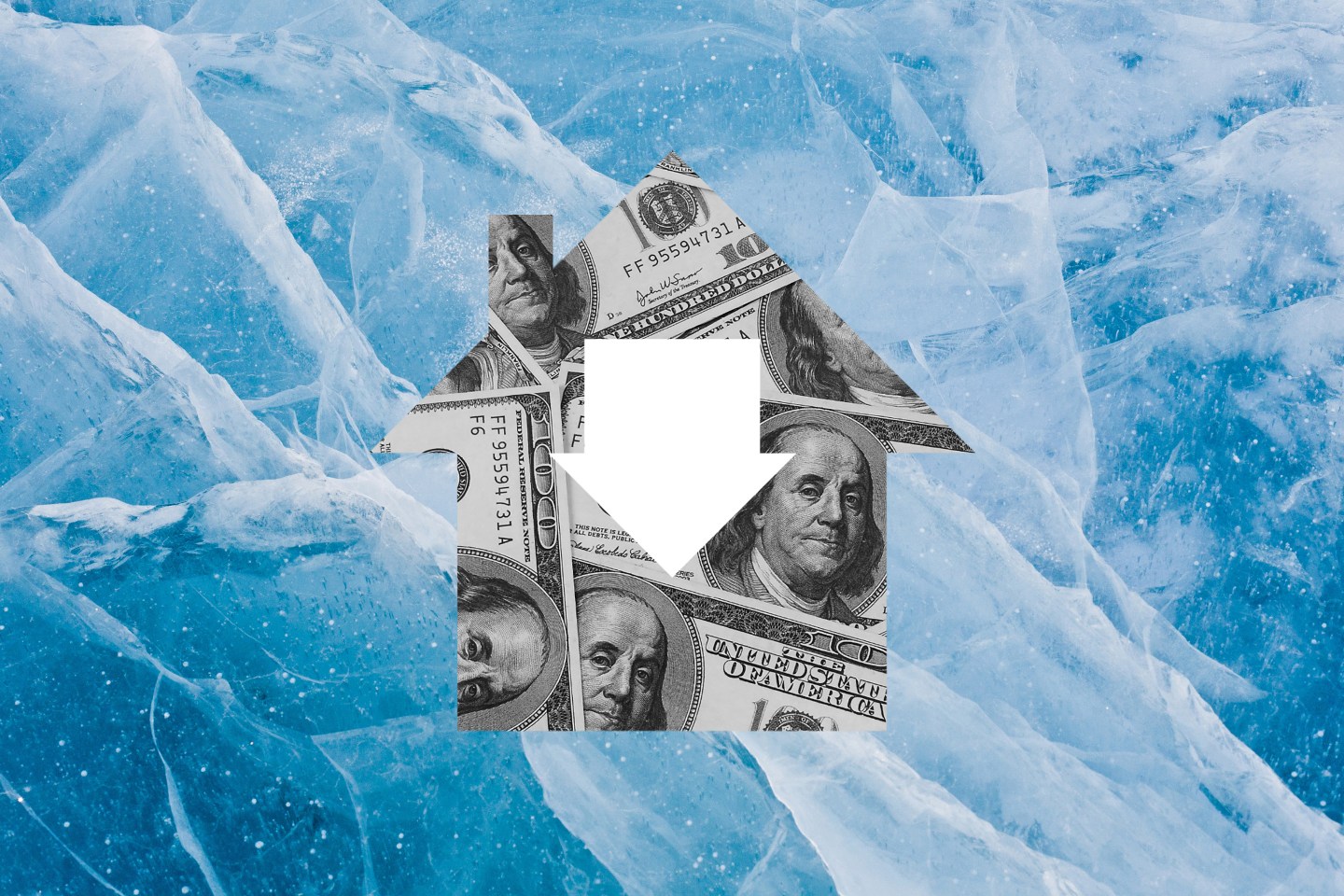 Artistic rendering of $100 bills and an arrow pointing down