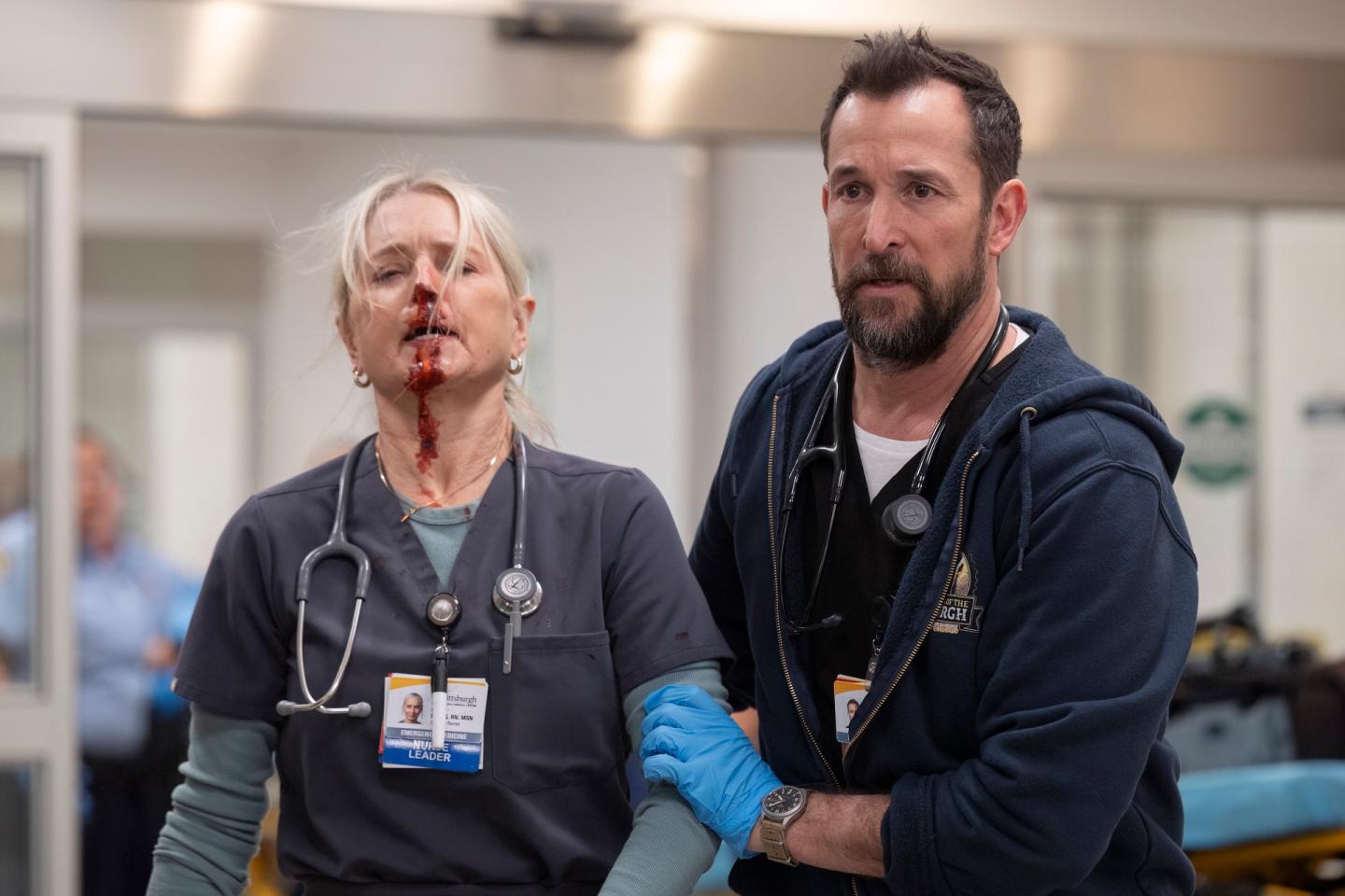 A scene from "The Pitt" with Katherine Lanasa and Noah Wyle.