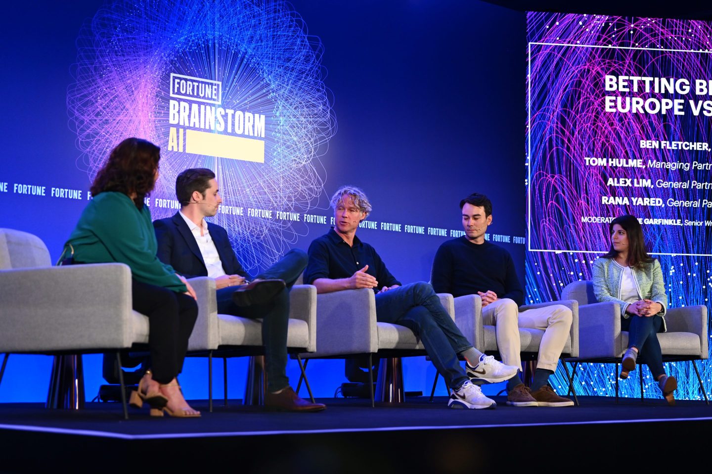 Panelists for session called "Betting Big on AI: Europe vs. The U.S." at Fortune Brainstorm AI conference in London, United Kingdom.