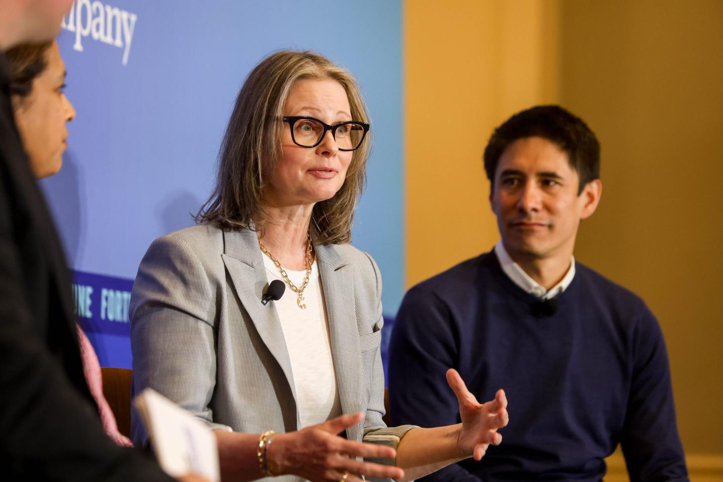 Microsoft’s Colette Stallbaumer (center) at Fortune’s Workplace Innovation Summit this week, along with Glassdoor CEO Christian Sutherland-Wong (right).
