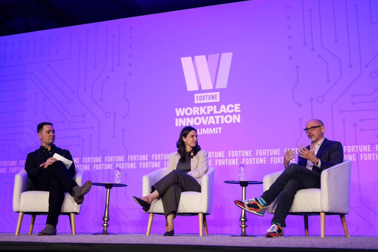 Fortune's Andrew Nusca, OpenAI Chief People Officer Julia Villagra, and Indeed CEO Chris Hyams.