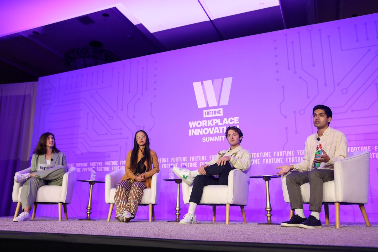 Ziad Ahmed, head of Next Gen at United Talent Agency (right), Jonah Stillman, co-founder of, GenGuru (middle), and Tiffany Zhong, founder and CEO of noplace, speak with Kristen Stoller at the Fortune Workplace Innovation Summit.