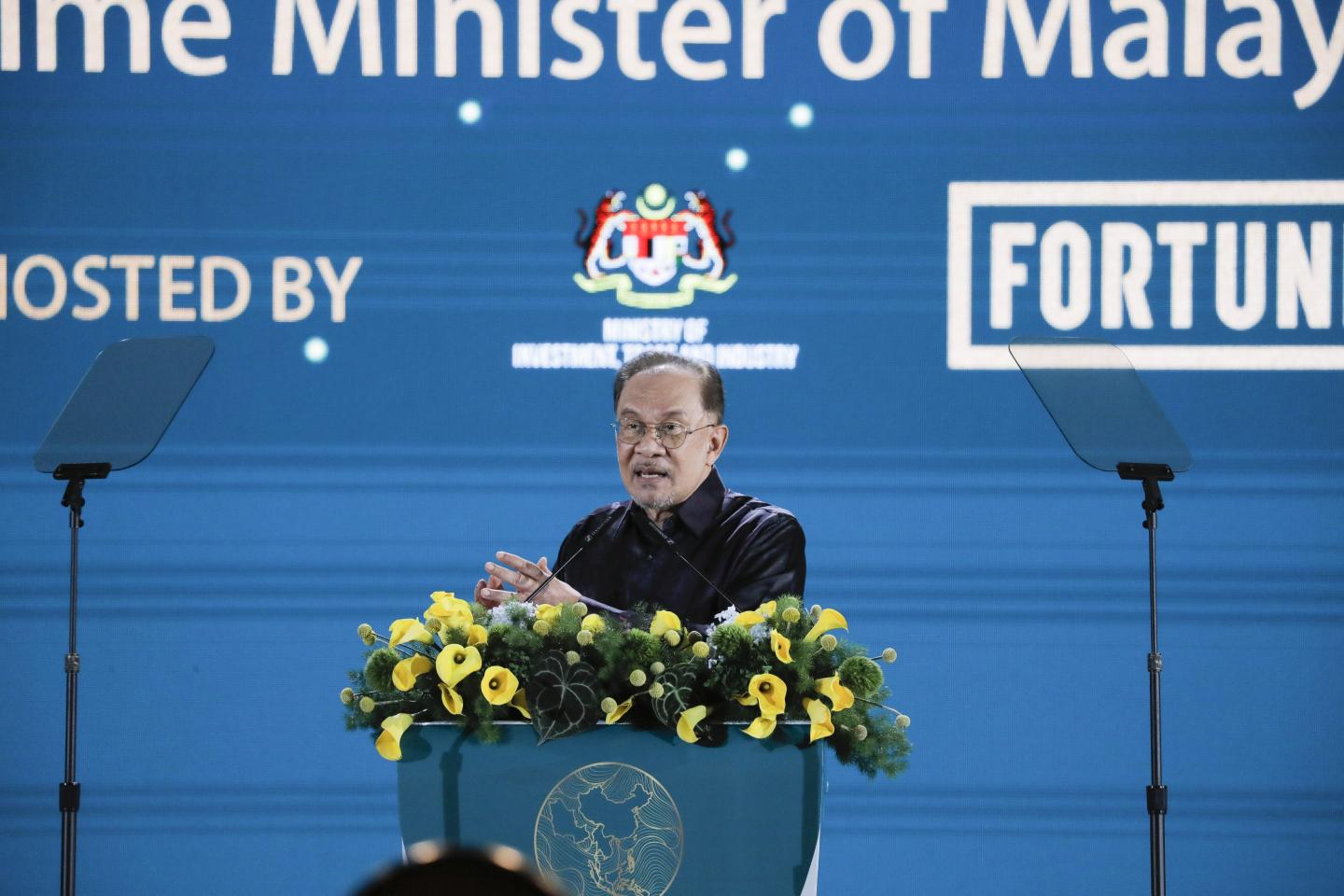 Malaysia Prime Minister Anwar Ibrahim delivers remarks at the Fortune ASEAN-GCC-China Economic Forum on May 27.