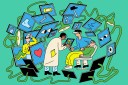 Artistic rendering of workers surrounded by computer screens