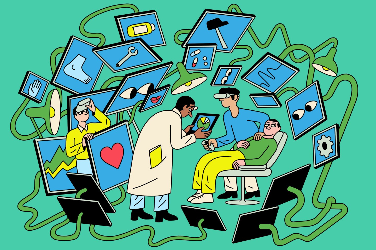 Artistic rendering of workers surrounded by computer screens