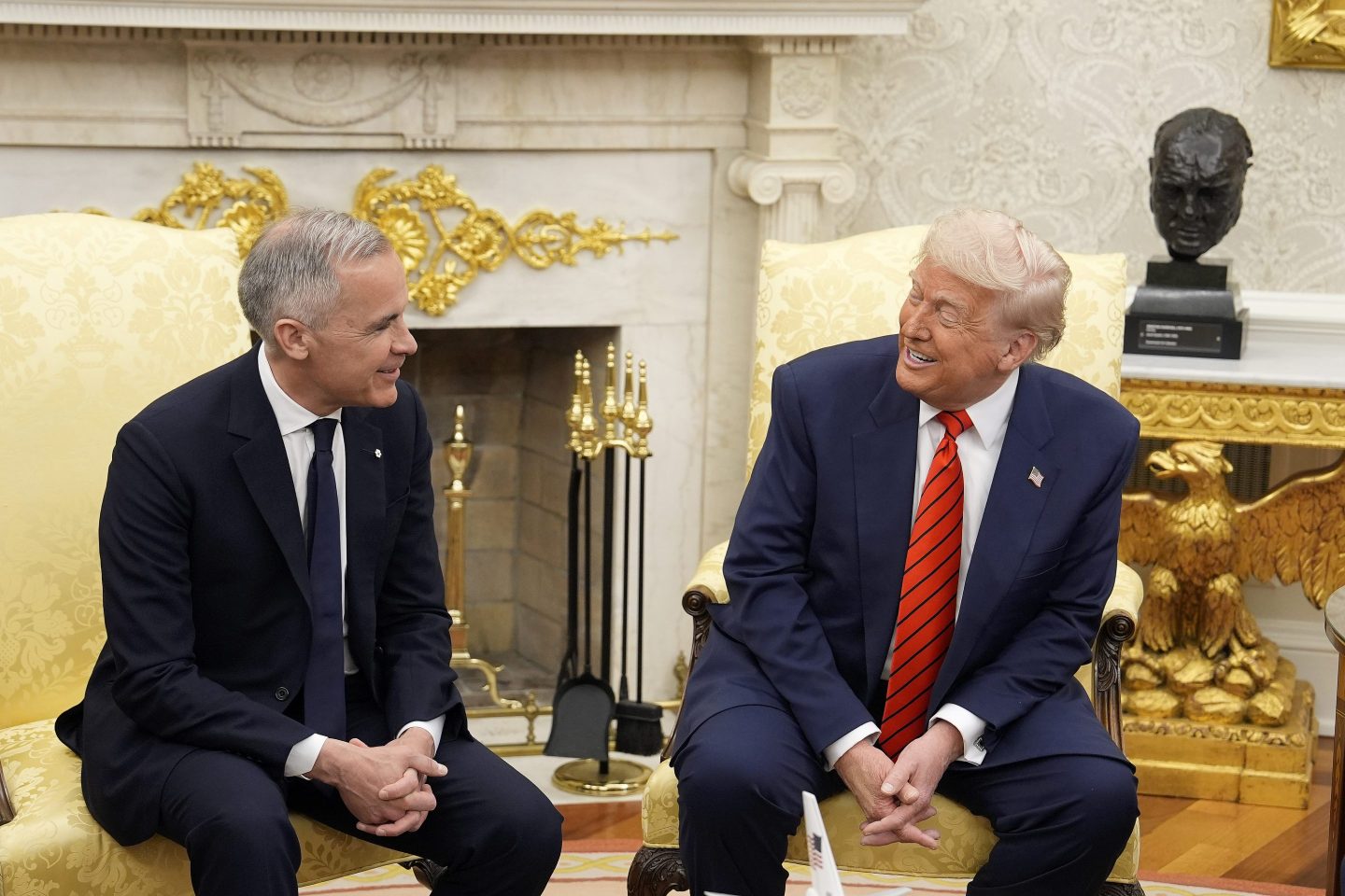 Canada Prime Minister Mark Carney and U.S. President Donald Trump engage in a meeting at the White House in Washington, on May 6, 2025.