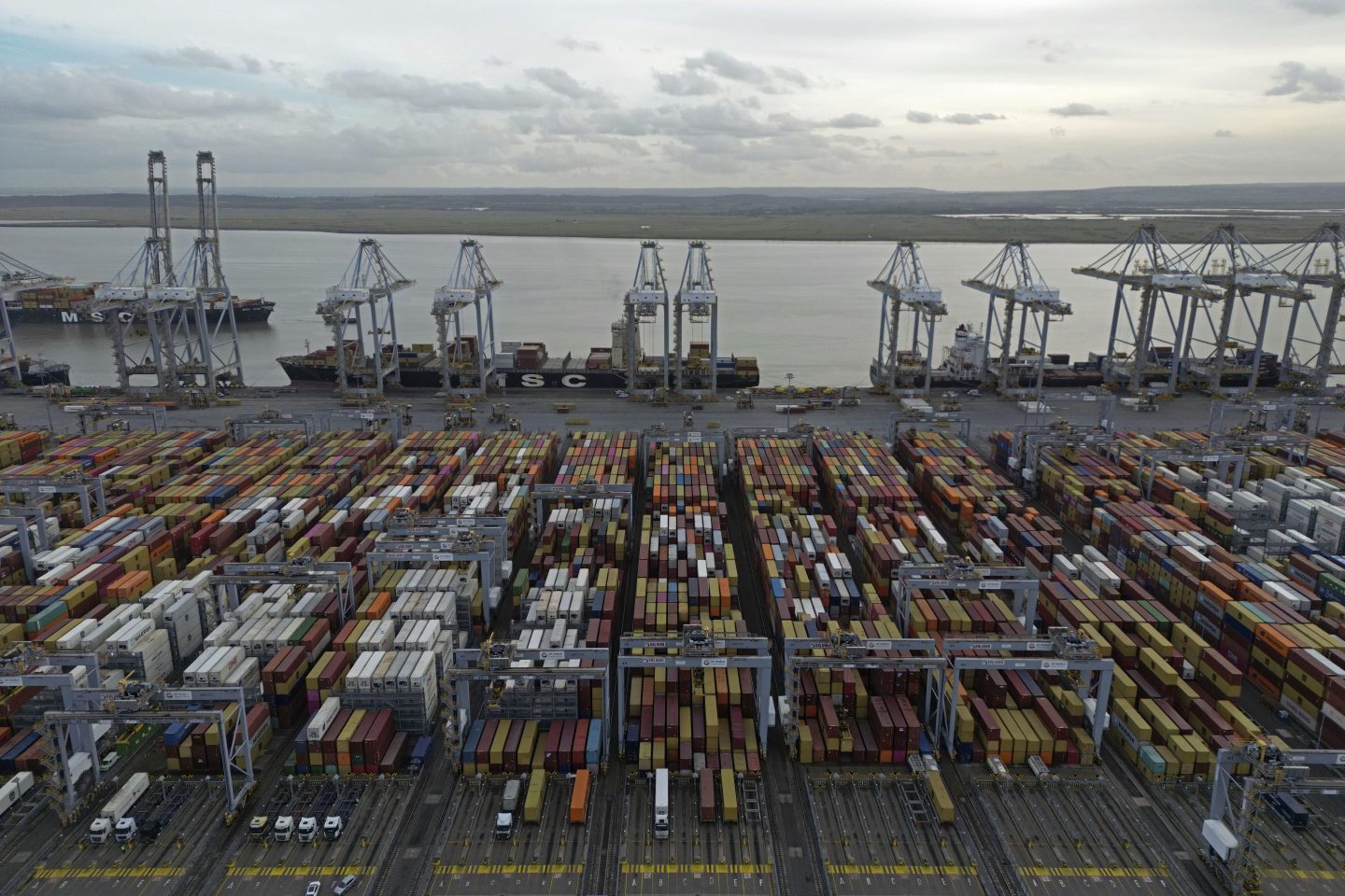 Shipping containers wait to be processed at London Gateway port, in Stanford-le-Hope, on the Thames estuary east of London, on Feb. 5, 2025.