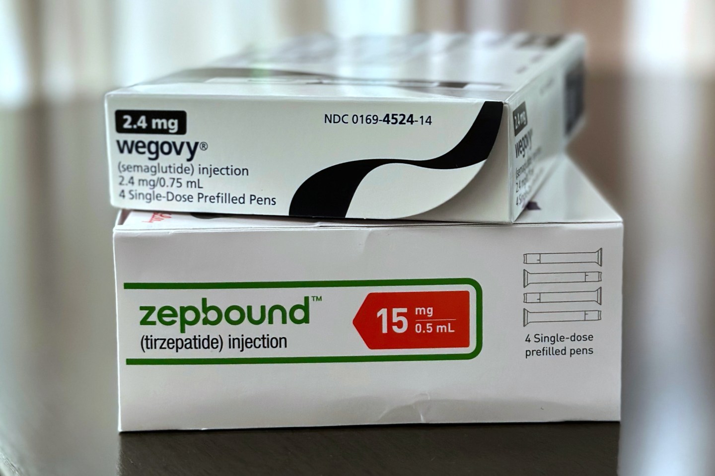 Boxes for the medications Wegovy and Zepbound on May 8, 2025.