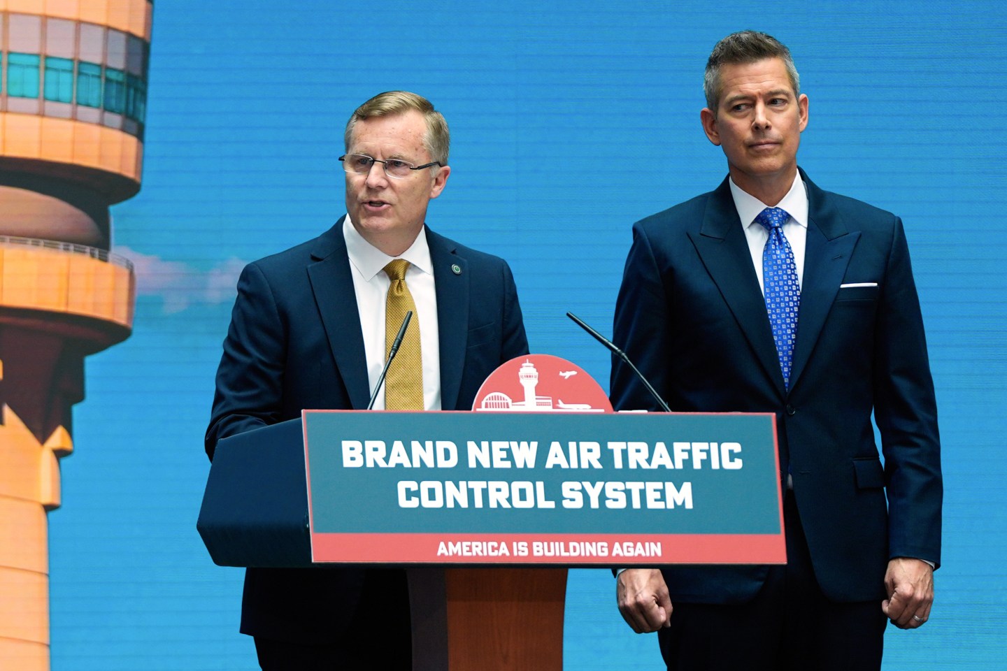 Chris Rocheleau, acting administrator of the Federal Aviation Administration, left, and Transportation Secretary Sean Duffy, right, speak about a new air traffic control infrastructure plan on Thursday.
