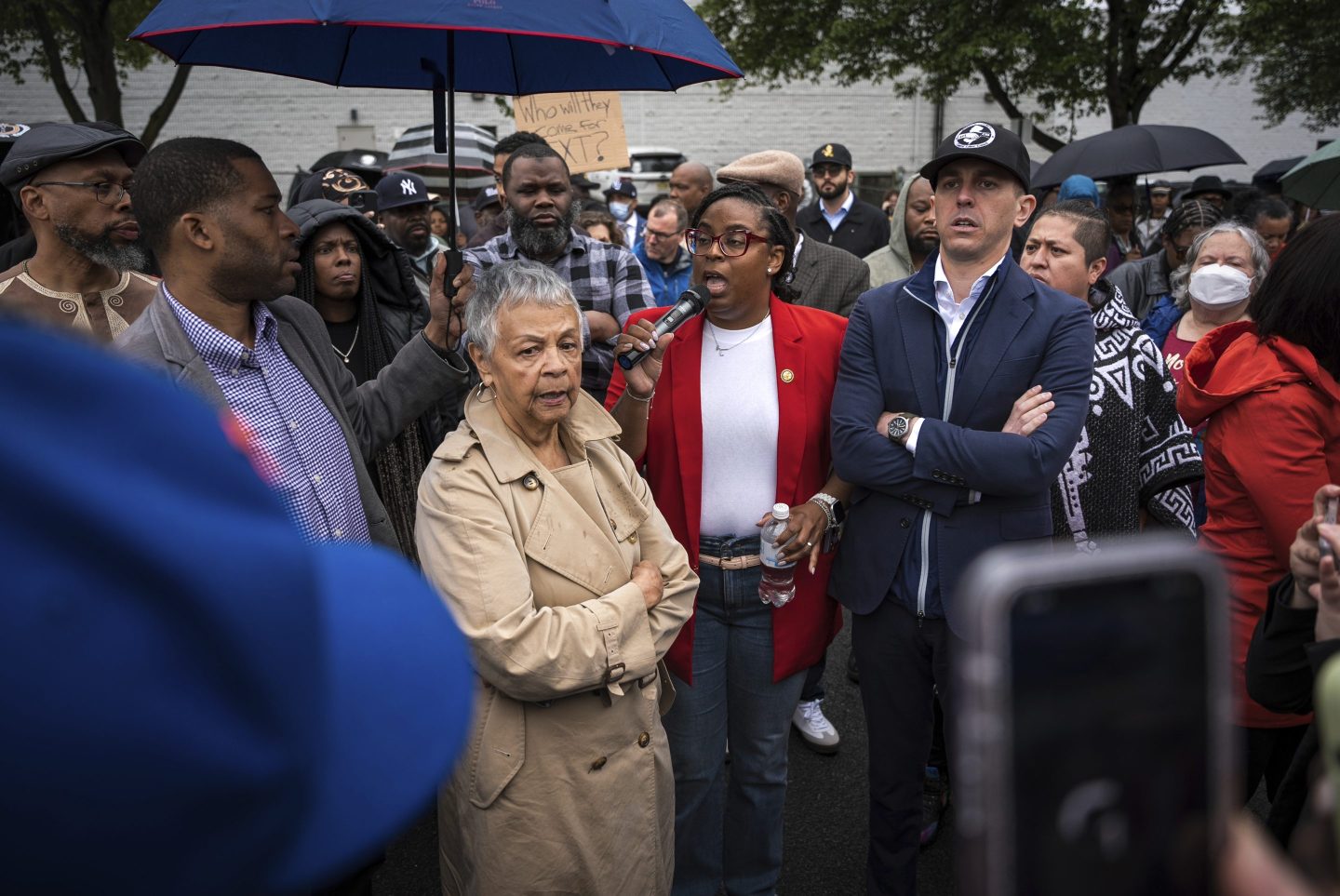 Rep. LaMonica McIver, center, demands the release of Newark Mayor Ras Baraka after his arrest while protesting outside an ICE detention prison, Friday, May 9, 2025, in Newark, N.J