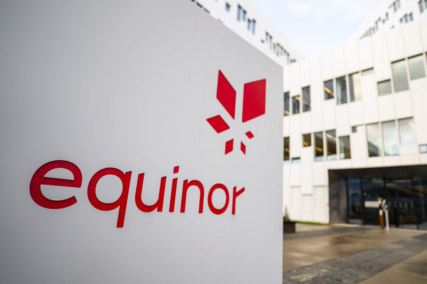 A sign for the company Equinor is displayed on Oct. 28, 2020, in Fornebu, Norway.