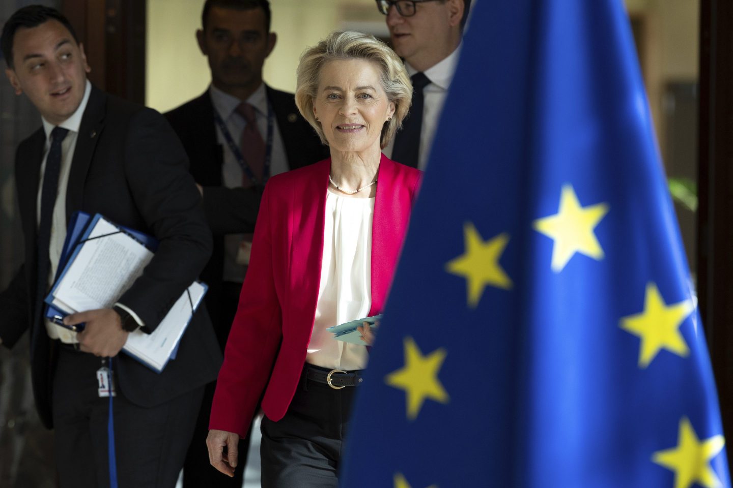 European Commission President Ursula von der Leyen arrives for the weekly college of commissioners meeting at EU headquarters in Brussels, on May 21, 2025.
