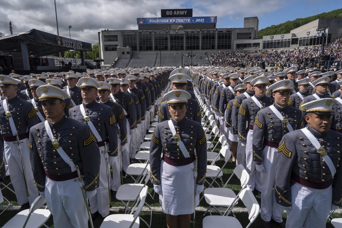 U.S. Military Academy graduating cadets line up during commencement ceremonies in West Point, N.Y., on Saturday.