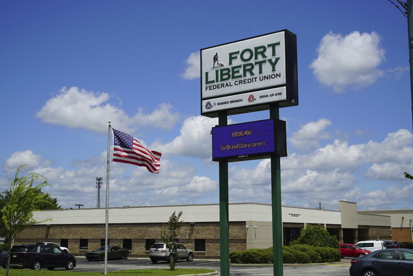 A sign for Fort Liberty Federal Credit Union in Fort Bragg