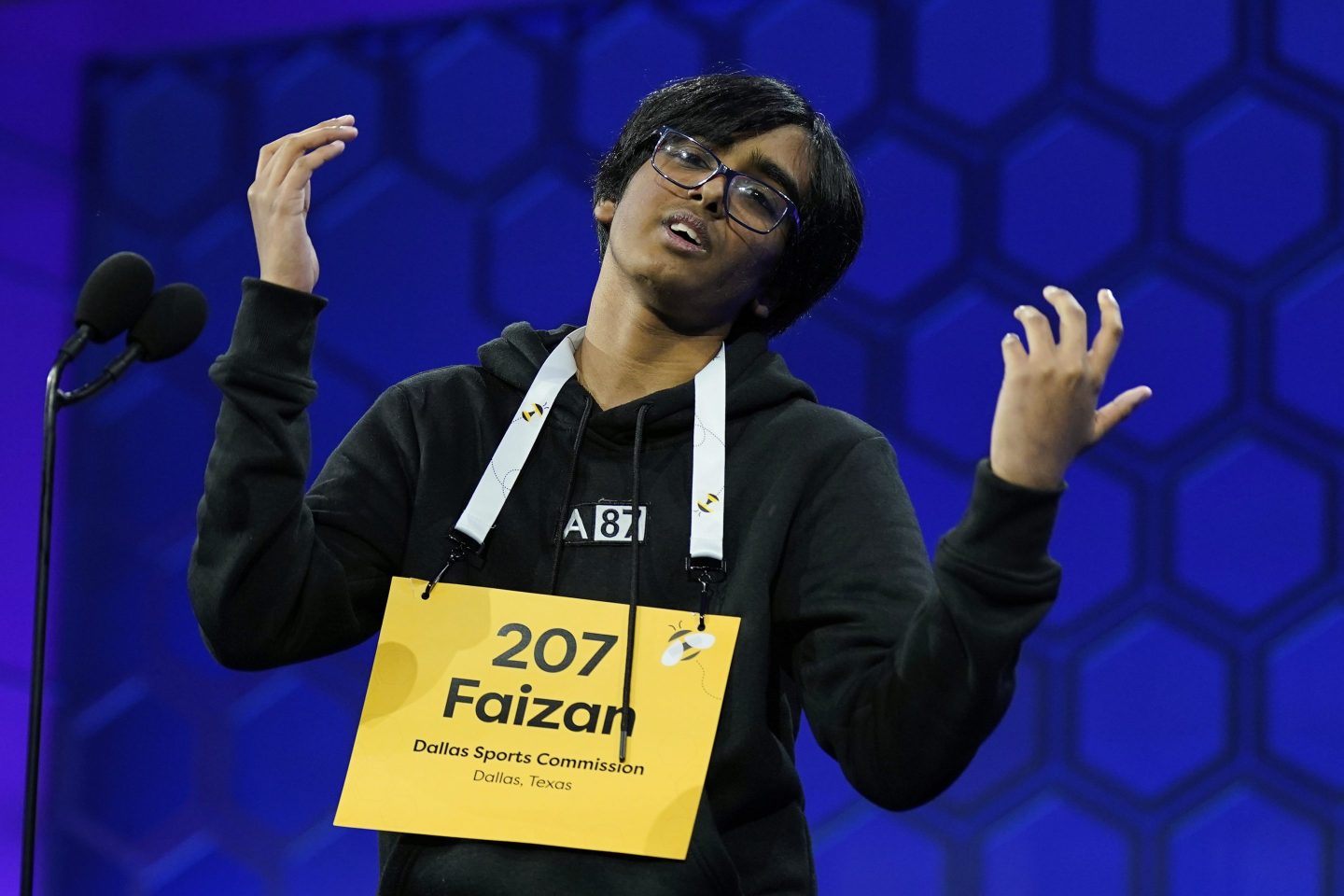 Faizan Zaki on stage at the 2025 Scripps National Spelling Bee