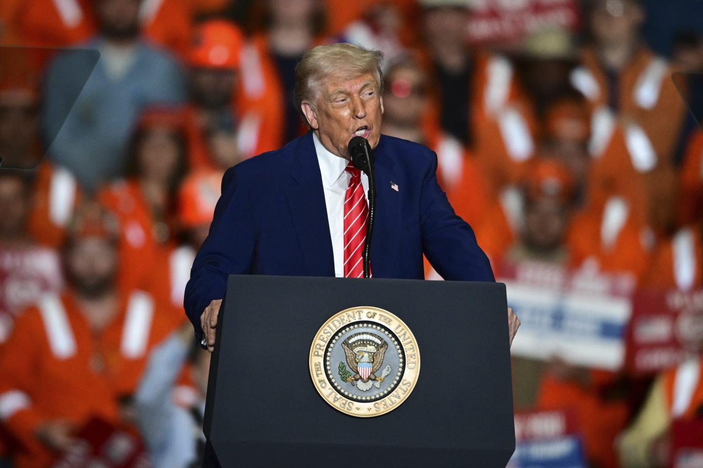 President Donald Trump speaks at U.S. Steel Mon Valley Works-Irvin Plant, Friday, May 30, 2025, in West Mifflin, Pa.