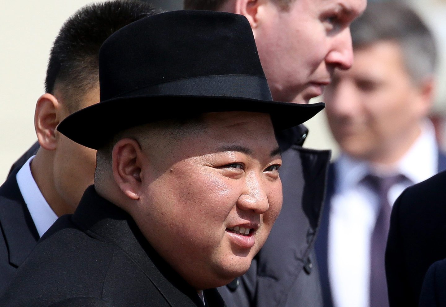 Kim Jong Un, North Korea's leader, reacts while watching an honor guard before his departure to North Korea at the railway station in Vladivostok, Russia, on Friday, April 26, 2019