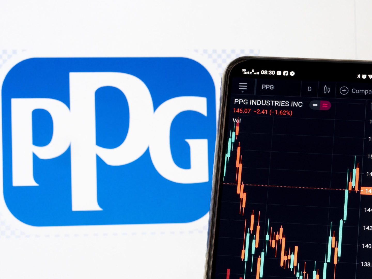 In this photo illustration, the stock market information of PPG Industries Inc seen displayed on a smartphone