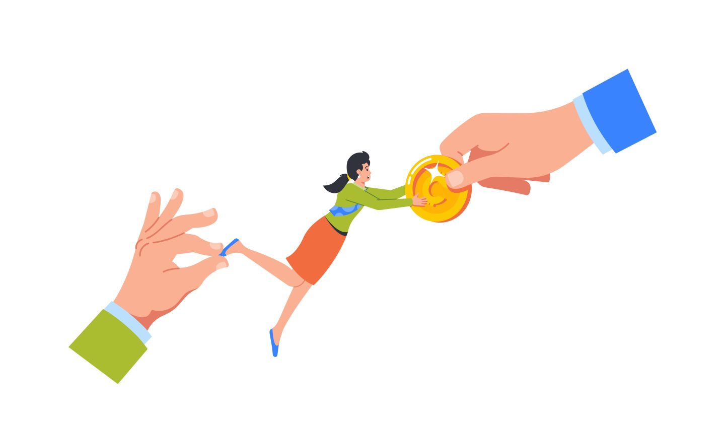 An illustration of a hand with a bundle of cash luring an employee from a competitor.