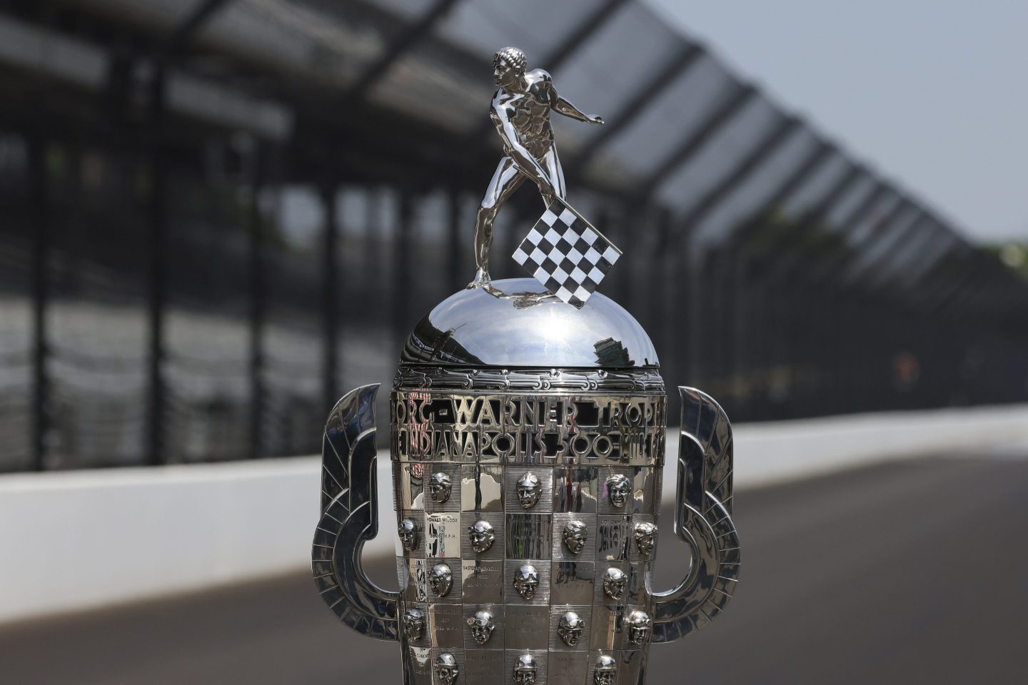 The Borg-Warner trophy on display during practice of the 107th Running of the Indianapolis 500 at Indianapolis Motor Speedway on May 22, 2023 in Indianapolis, Indiana