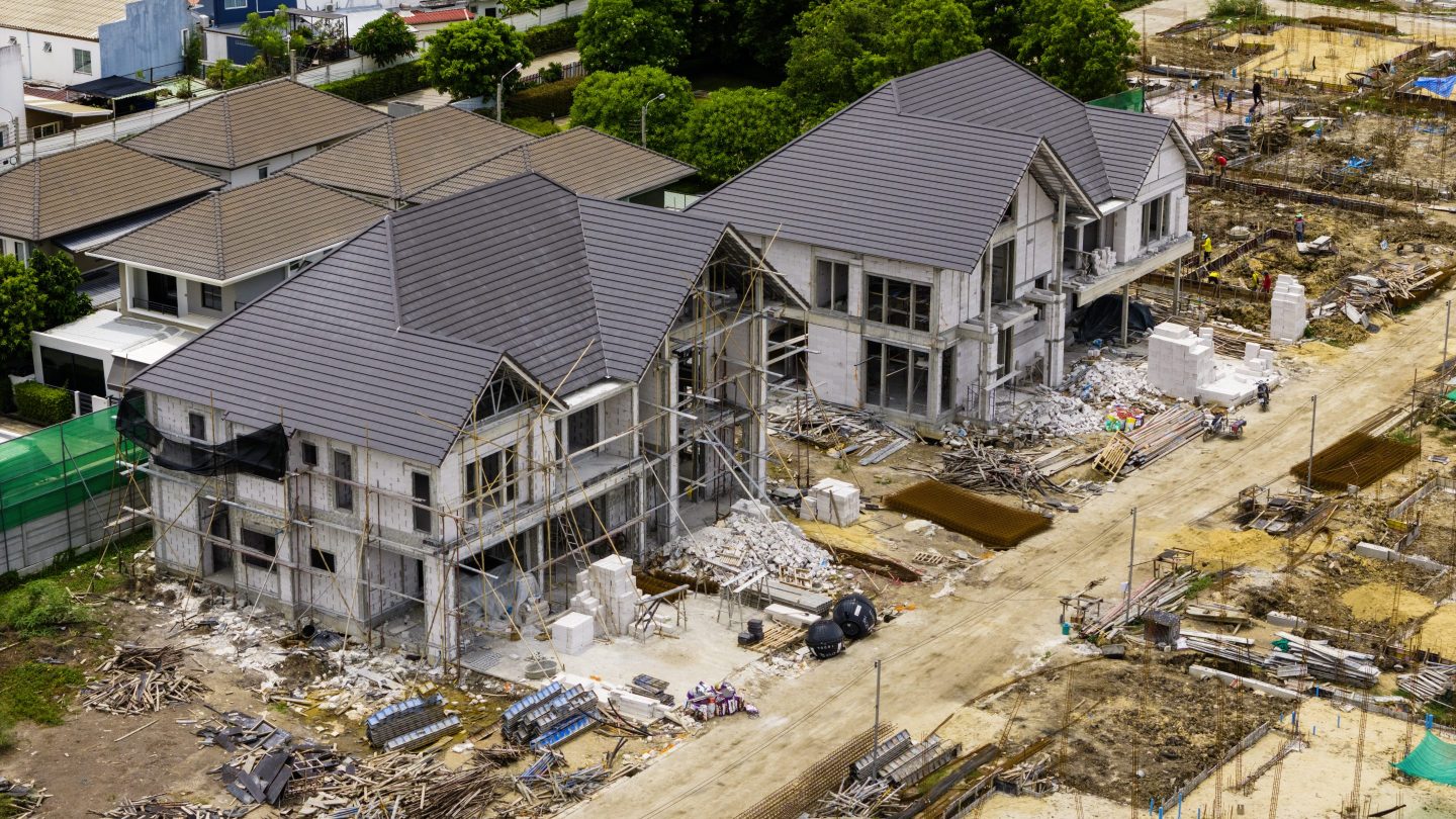 Aerial view of homes under construction
