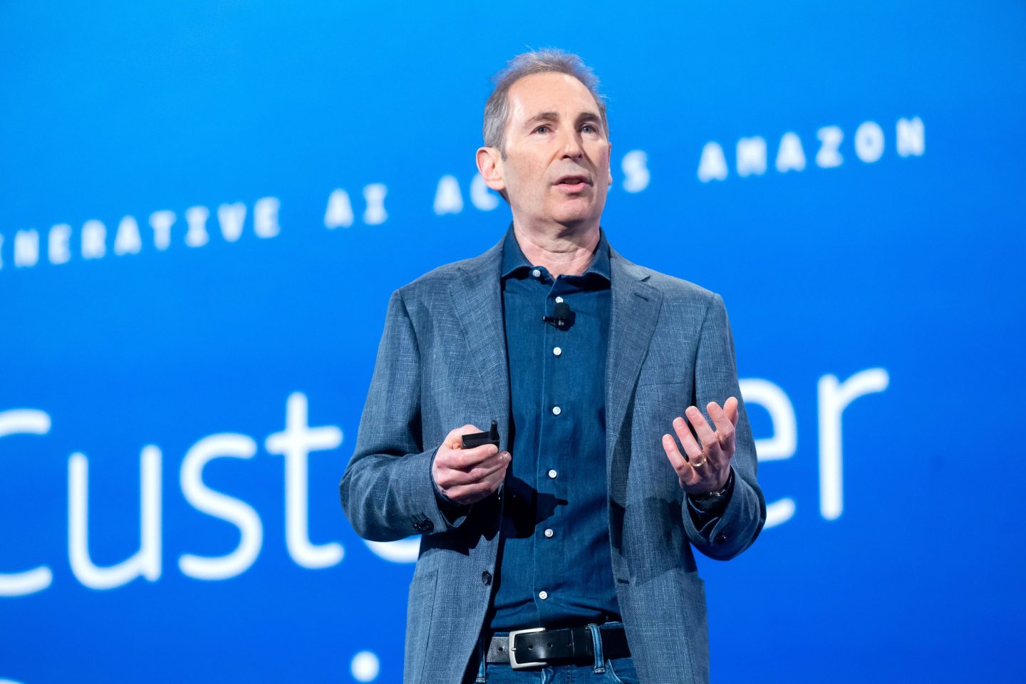 Andy Jassy presents onstage at a 2024 AWS event