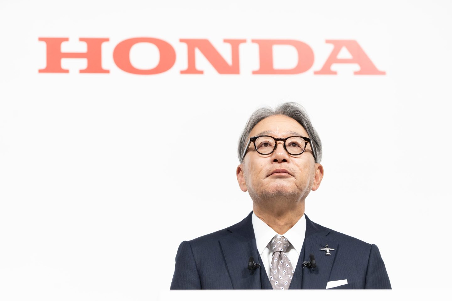 Honda Motor CEO Toshihiro Mibe attends a joint press conference with Nissan Motor CEO Makoto Uchida and Mitsubishi Motors President Takao Kato on December 23, 2024.