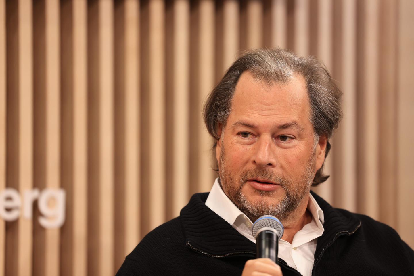 Marc Benioff, chief executive officer of Salesforce Inc., during an interview at Bloomberg House during the World Economic Forum (WEF) in Davos, Switzerland, on Wednesday, Jan. 22, 2025.