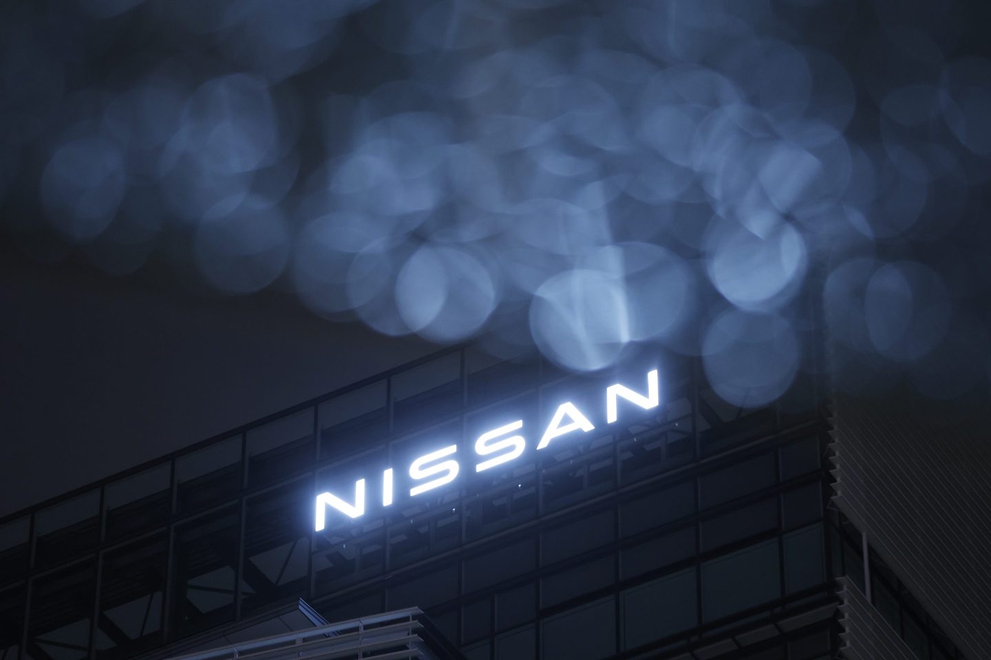 Signage atop the Nissan Motor Co. global headquarters in Yokohama, Japan, on March 11, 2025.