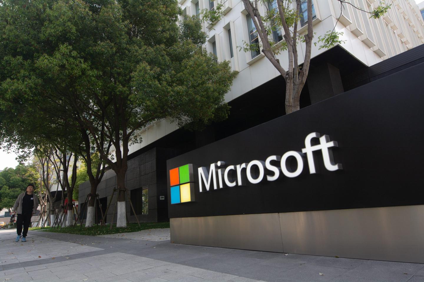 man walking out of Microsoft headquarters