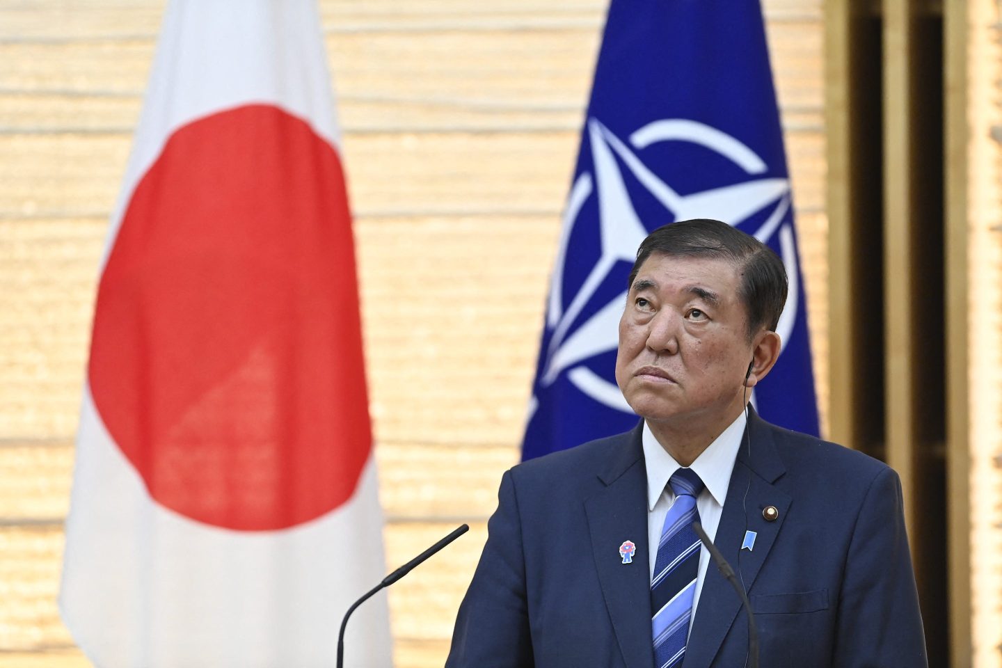 Japanese Prime Minister Ishiba Shigeru attends a join press conference with NATO Secretary General Mark Rutte (not pictured) at the premier's office in Tokyo on April 9, 2025.