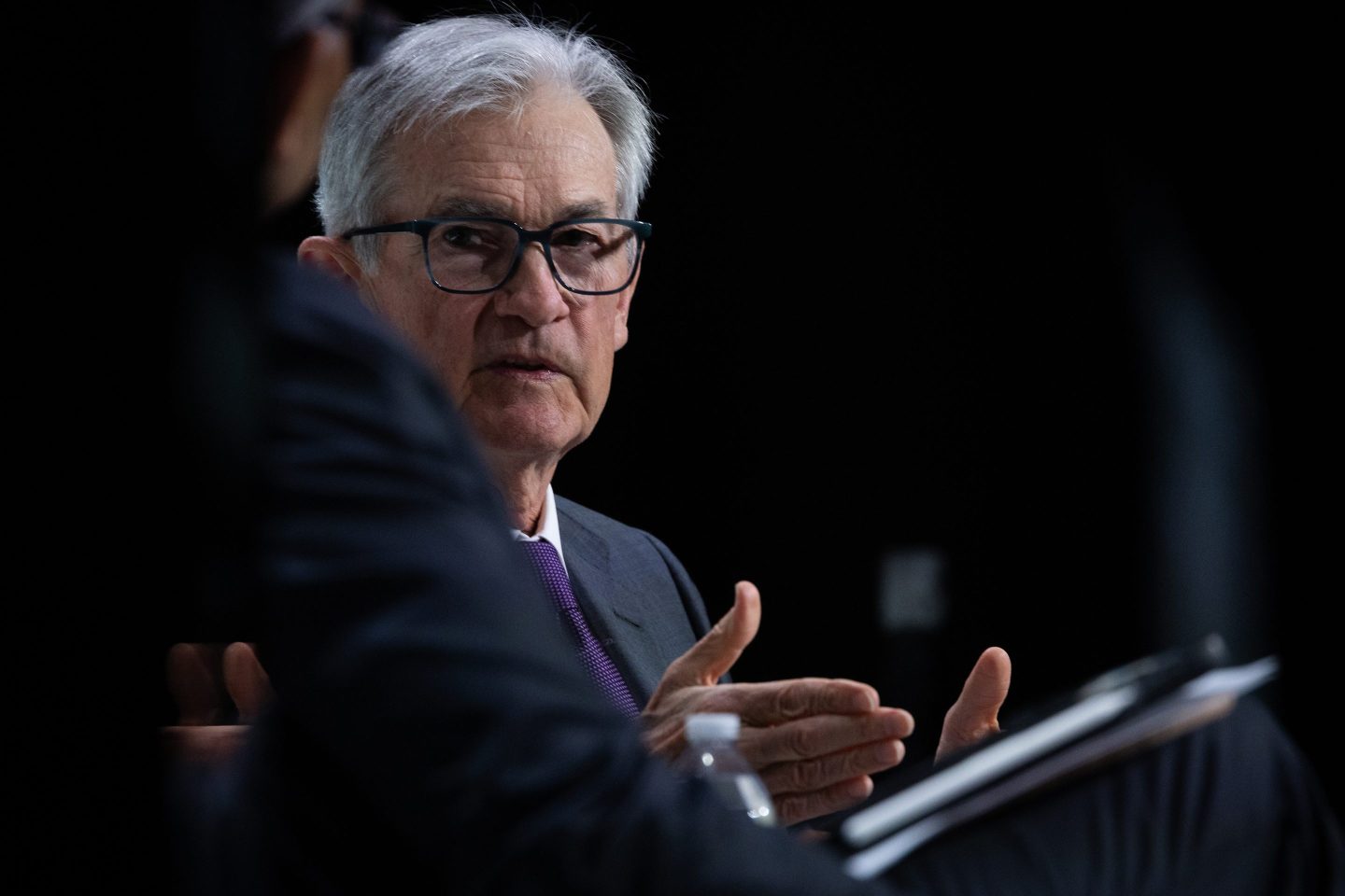 Federal Reserve Chair Jerome Powell addresses the Economic Club of Chicago at a luncheon at the Hilton on April 16, 2025.