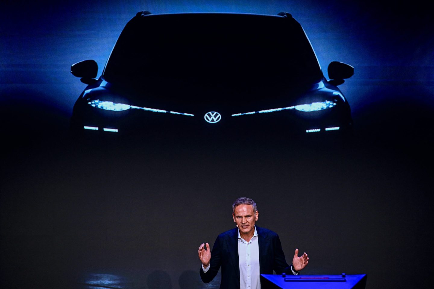 Oliver Blume, Chairman of the Board of Management Volkswagen Group, speaks during the event "Group Night Shanghai 2025" hosted by Volkswagen ahead of the Shanghai Auto Show in Shanghai on April 22, 2025.