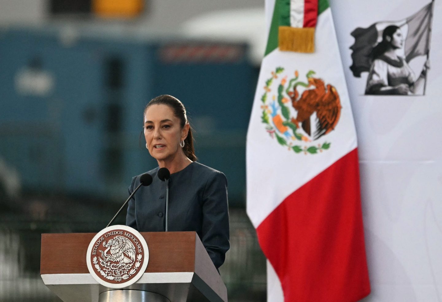 Mexican President Claudia Sheinbaum at Santa Lucia Air Base near Mexico City on April 22.