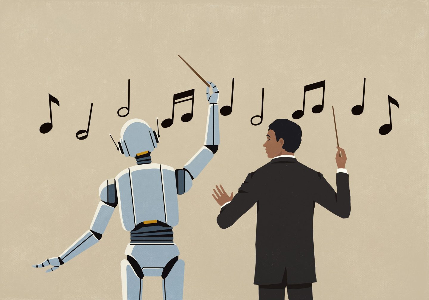 Orchestra conductor watching AI robot conduct music notes on beige background