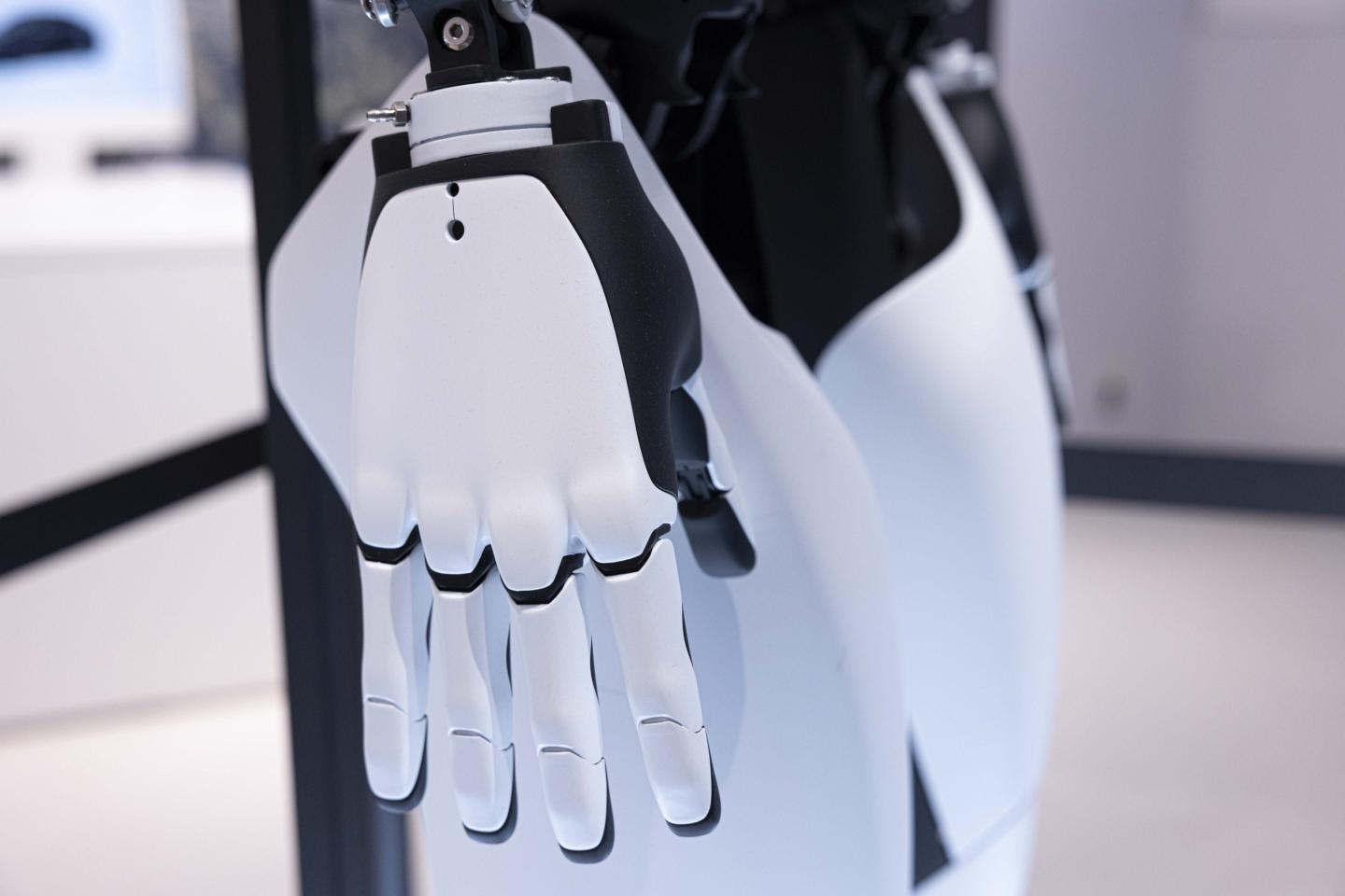 The hand of a Tesla Optimus humanoid robot displayed at a pop-up store in Tokyo last month.